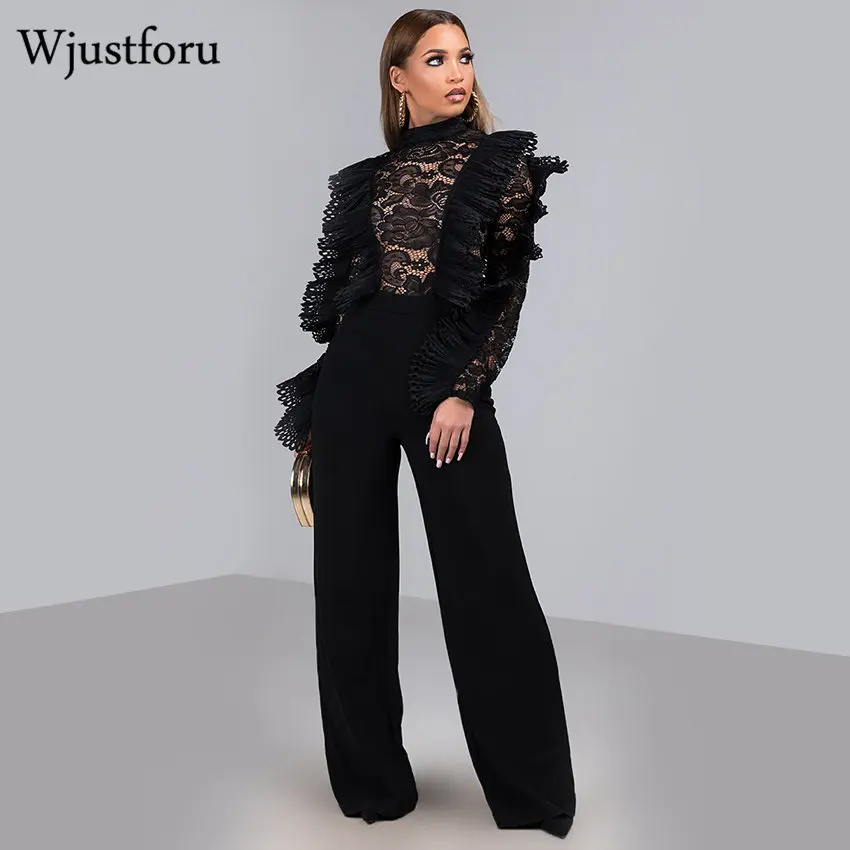 Wjustforu сексуальный кружевной комбинезон с оборками для женщин Vestido Черный Модный