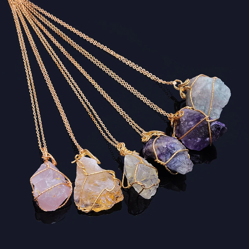 

Irregular Shape Crystal Natural Stone Pendants Chain For Women Long Necklace Fine Jewelry Colar Longo