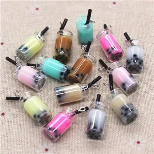 10pcs New Mix Colors 3D Mini Glass Bubble Milk Tea Sippy Cup Iron Hook DIY Craft/Jewelry Accessory,10*18mm - Цвет: mix colors