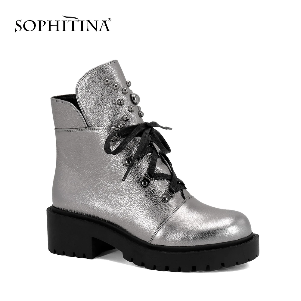 

SOPHITINA New Spring Genuine Leather Ankle Boots Woman Lace-up Soft Square Heels Shoes Female Zip Round Toe Motorcycle Boots M42