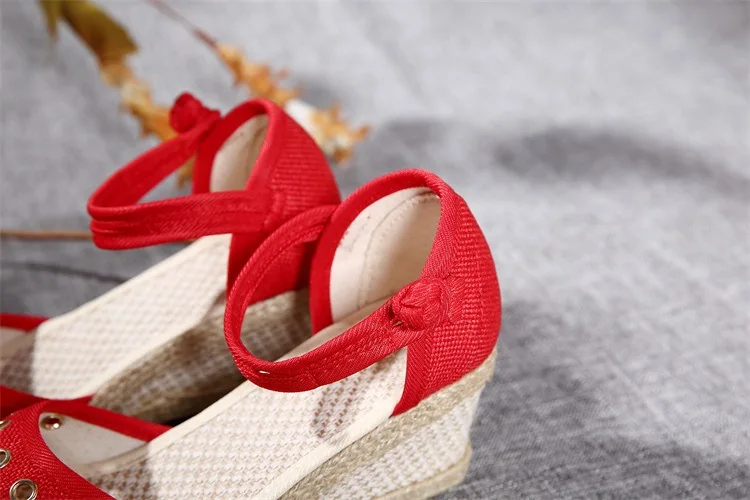 Women Sandals Casual Linen Canvas Wedge Espadrilles Sandals Summer Vintage Embroidered Ankle Strap Med Heel Platform Pump Shoes (12)