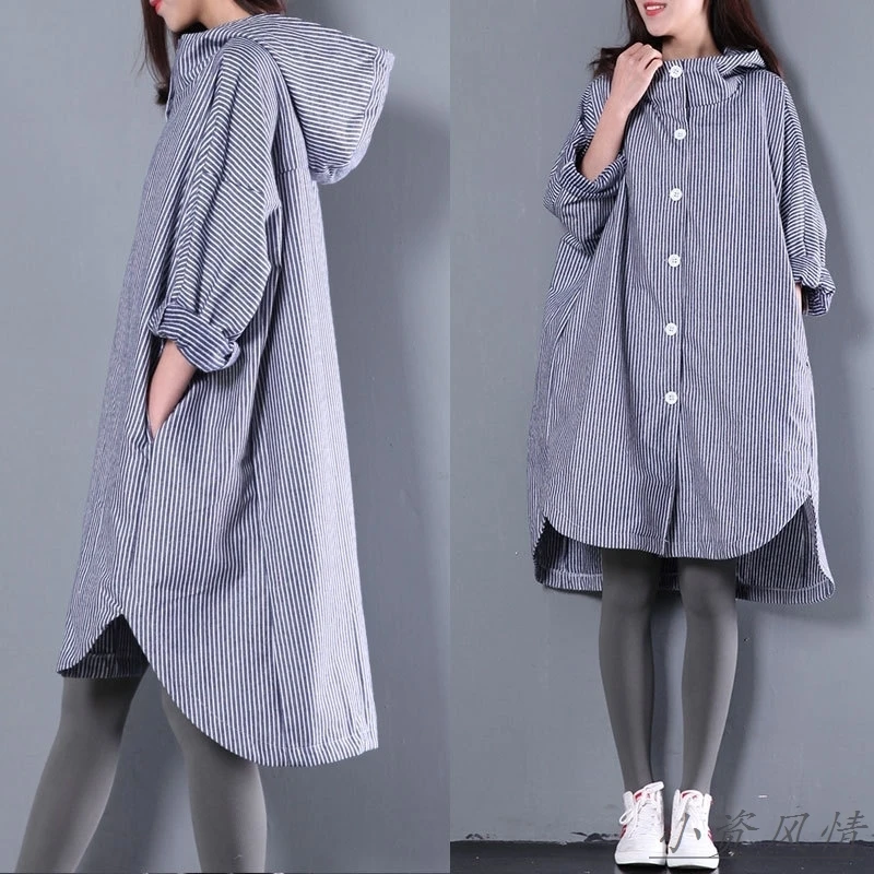 

2017 female spring plus size dress loose stripe long-sleeve hooded all-match medium-long shirt