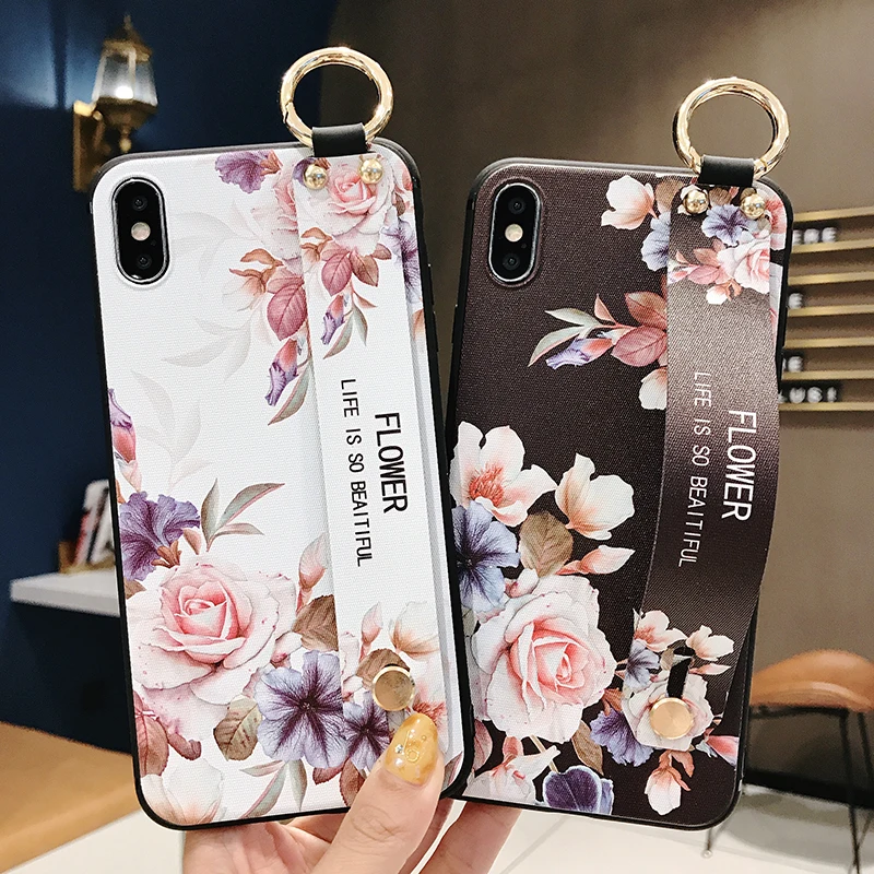 

Wrist Strap Hand Band Kickstand 3D Relief Flowers For iphone 7 Case Matte Phone Case for iPhone X XR XS Max 6 6S 7 8 Plus Cover