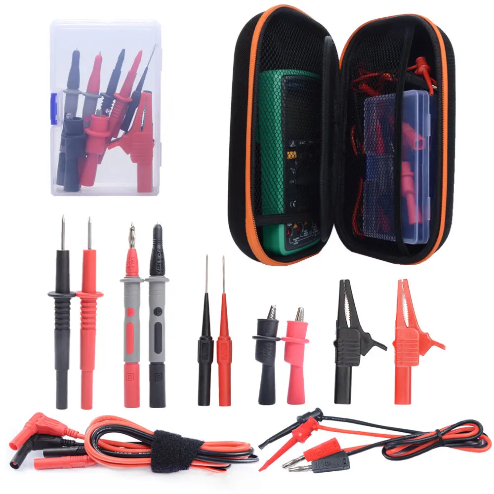 4mm silicone cable 15 in 1 Super Probe Test Lead Kit with Alligator Clips, Replaceable test hook With Multimeter carry case - Цвет: with bag