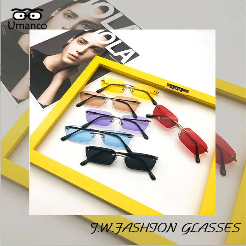 

Umanco 2019 New Small Rimless Square Sunglasses For Women Men Alloy Frame PC Lens Fashion Design Brand Glasses Beach Travel Gift