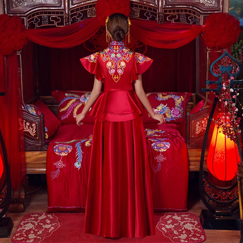 Для женщин Красный цветочные длинным рукавом Китайский Cheongsam халат платье Восточный Азиатский невесты красота Китайский традиционный