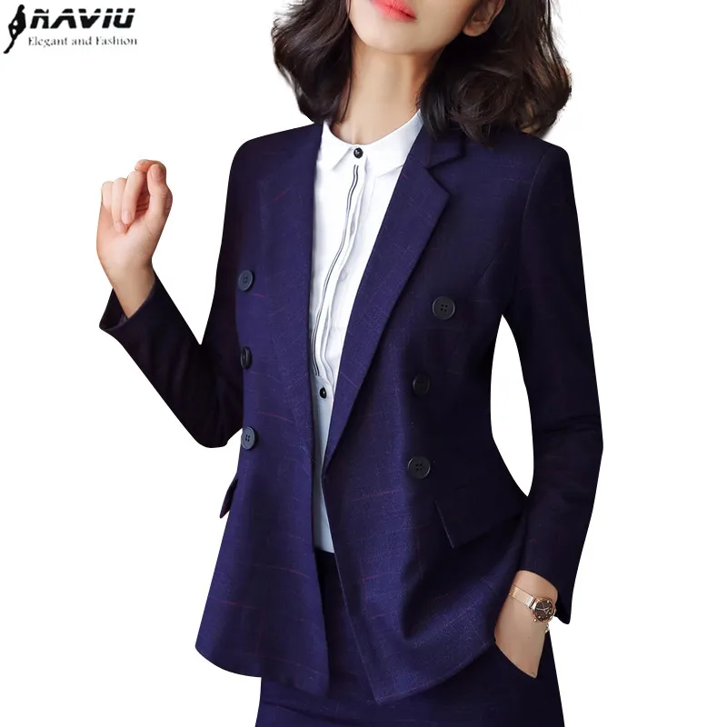 

New spring fashion blazer purple blue women Business formal long sleeve slim stripes jacket office ladies plus size work coat