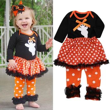 

Cute 2Pcs Newborn Toddler Baby Girls Ghost Dot Dress Romper Pants Halloween Outfits Set Cotton 2019 Autumn Winter free shipping