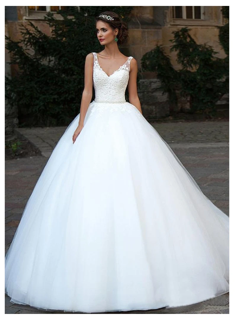 

SoDgine Wedding Dress Ball Gowns 2019 Puff Tulle V Neck bridal gown dress White Floor Length Bride Dresses Lace Up Back
