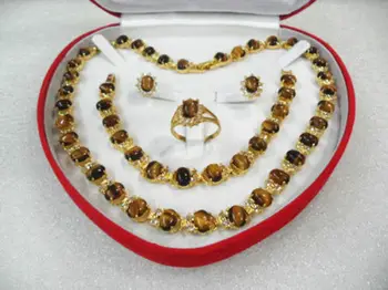 

Women's Wedding women's jewelry tiger's eye gem yellow Earring Bracelet Necklace Ring +box 5.27 real new-jewelry