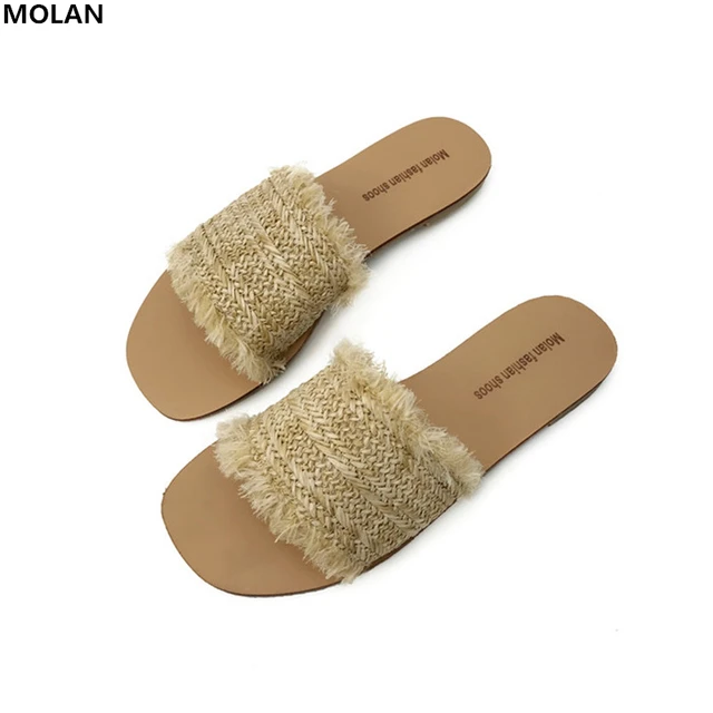 MOLAN Brand Designers 2018 Summer Apricot White Retro Straw Hemp Cane Slides Woman Shoe Slip On Slipper Mules Loafers Flip Flops