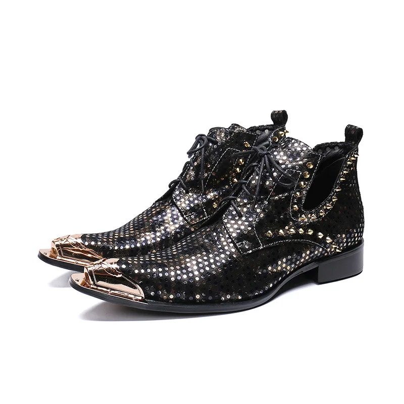 

New Black Fashion Men Metal Gold Pointed Toe Lace-Up Boots Party Stage Breathable Boots
