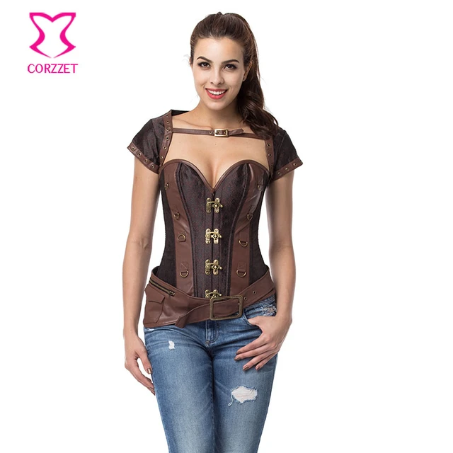 Brown Gothic Steampunk Corset Set Korsett For Women Sexy Corselet Plus Size  6XL Corsets And Bustiers Burlesque Halloween Costume - AliExpress