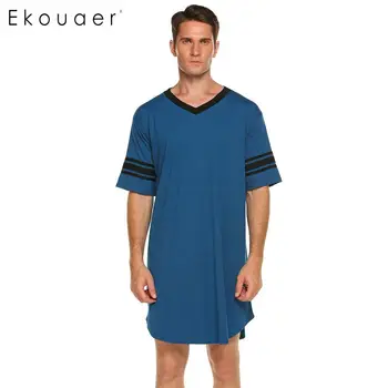 

Ekouaer Men Sleepwear Long Nightshirt Short Sleeve Nightwear Night Shirt Soft Comfortable Loose Sleep Shirt Male Home Clothing