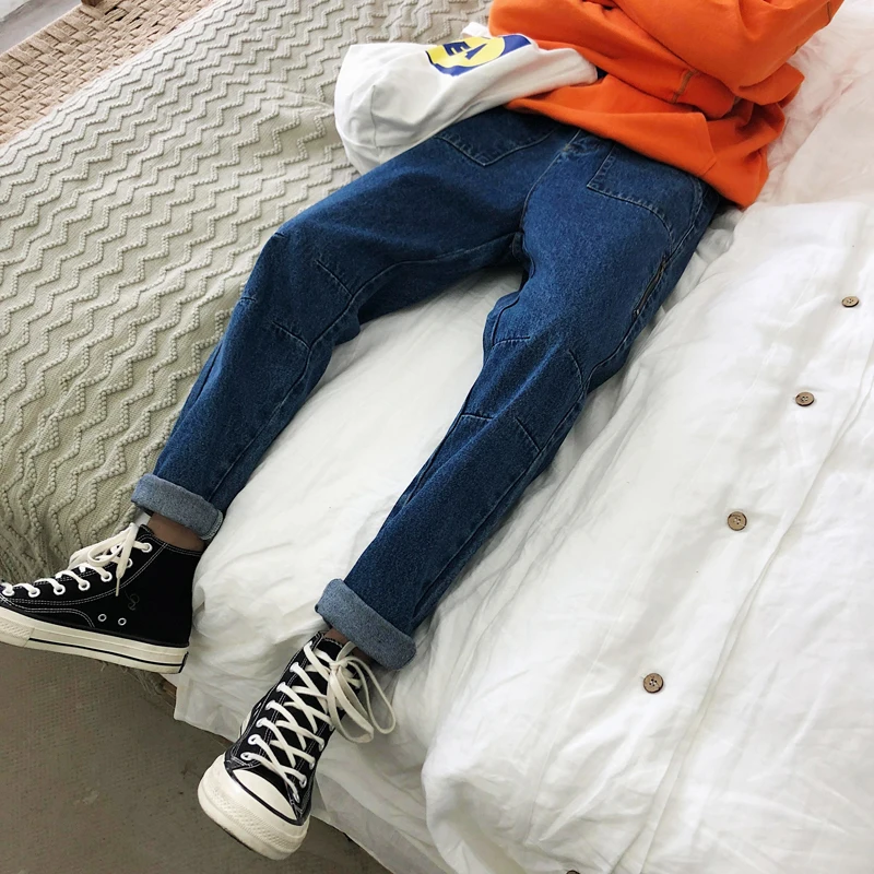 

Fashion Casual Men's Jeans Spring And Autumn New M-2XL Contrast Color Loose Trousers Blue Sky Blue Personality Youth Popular