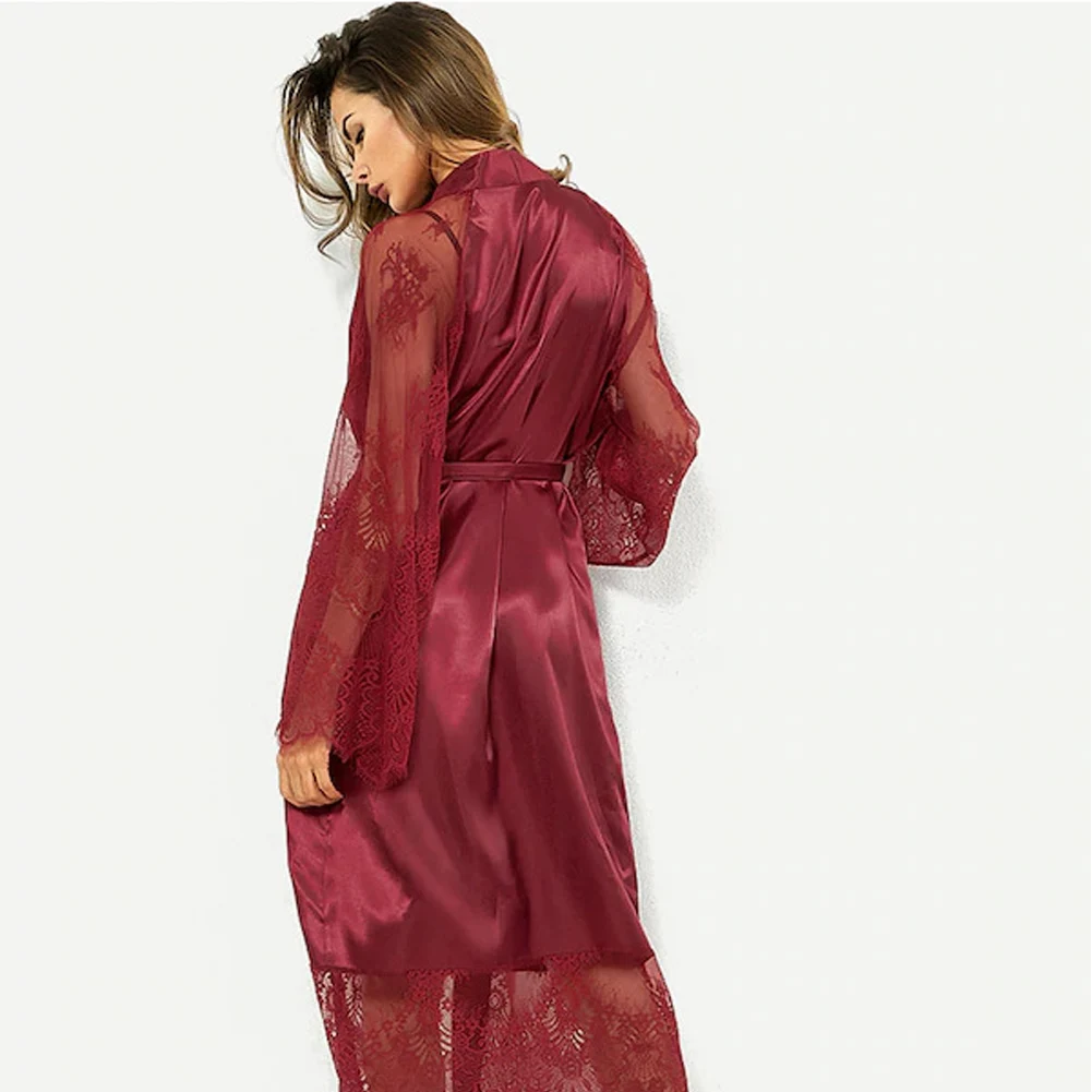 Сексуальная кружевная ночная рубашка женский халат длинная пижама одежда для сна для женщин однотонные халаты