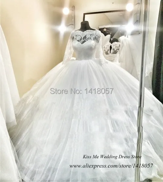 

2015 Luxury Ball Gown Wedding Dresses Real Photo Lace Long Sleeve Bride Dress Tulle Corset Back Vestido de Noiva Plus Size