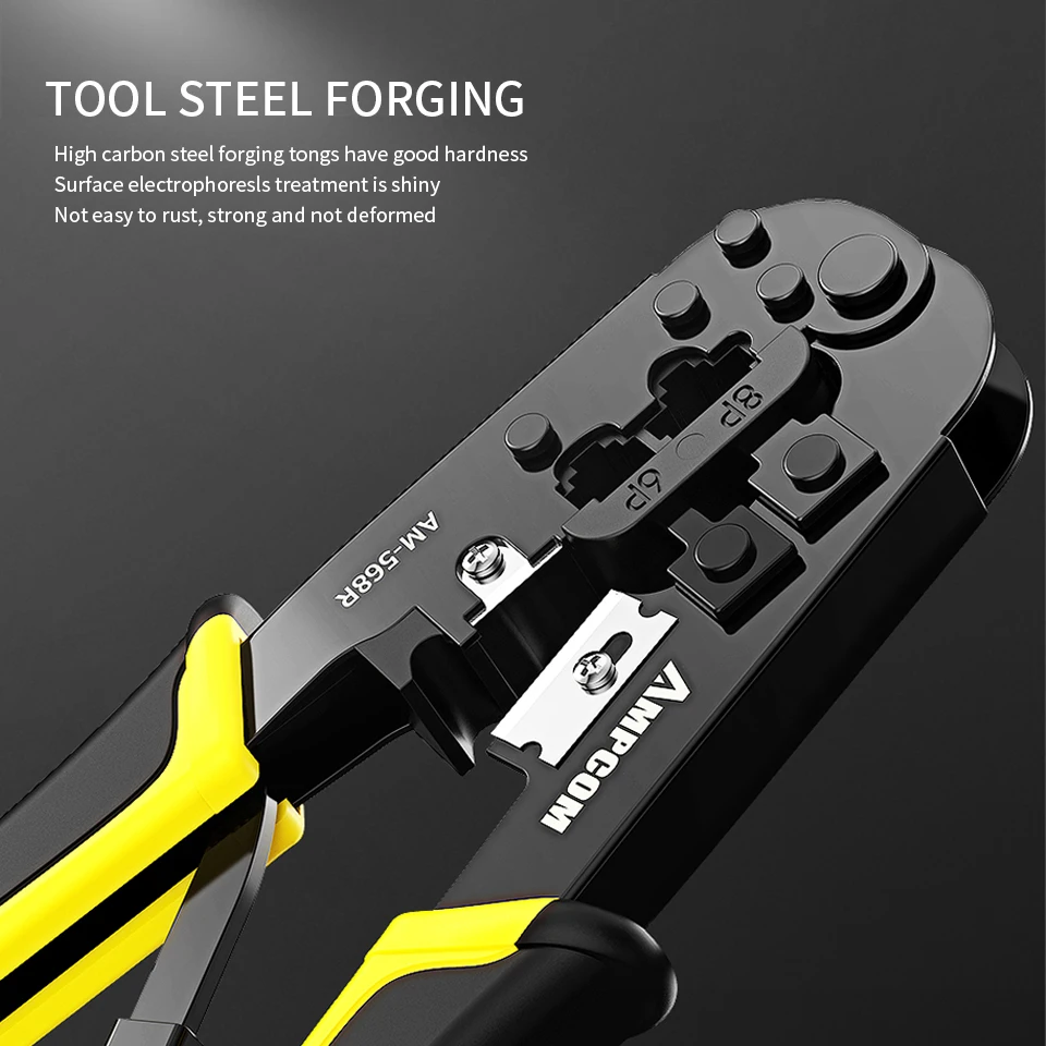 AMPCOM RJ11 RJ45 Ratchet Crimping Tool Ethernet Network LAN Cable Crimper Cutter Stripper Plier Modular 8P RJ45 and 6P RJ12 RJ11