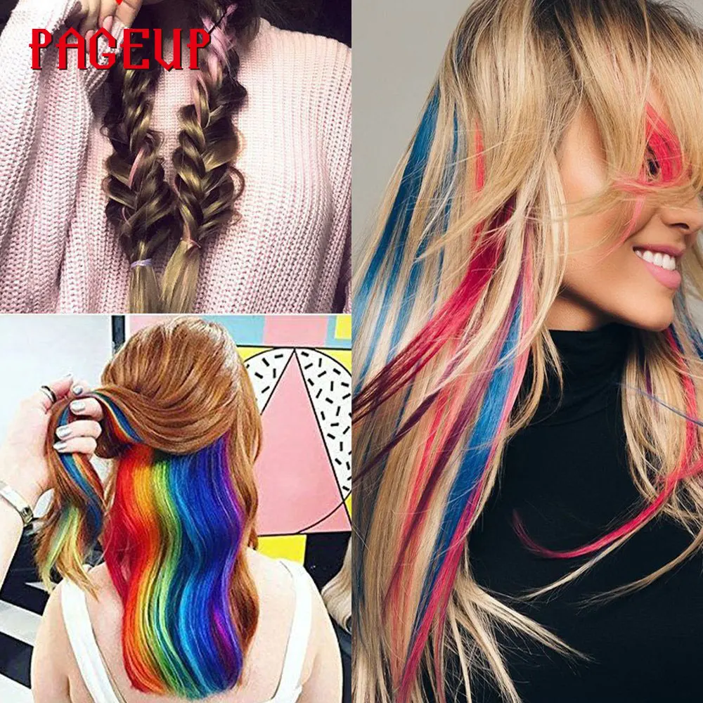 One Piece Rainbow Synthetic Fake Hair Pieces For Women Pageup Long Ombre Hairpiece Blonde Pink Clip In Hair Extensions Invisible