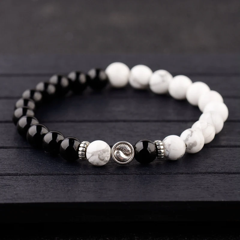 

DOUVEI Retro Geometric Round Silver Beads Black&White Stone Bracelets Vintage Tai Chi Beads Bracelet Pulseira Masculina ABJ036
