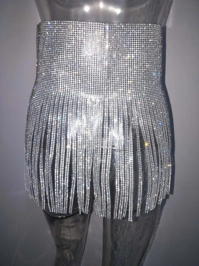 Bonnie Forest Sparkly Diamond Rhinestone Crystal Skirt Rave Wear Beauty Secrets Glitter High Waist Mini Skirt Rave/Party Outfits