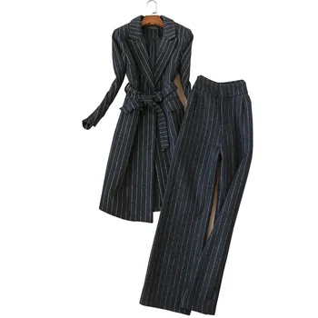 

2018 New Autumn And Winter Women's Long Wool Coat Blazer Suit + Wide Leg Pants Two-piece Ladies Elegant Professional Pants Suit