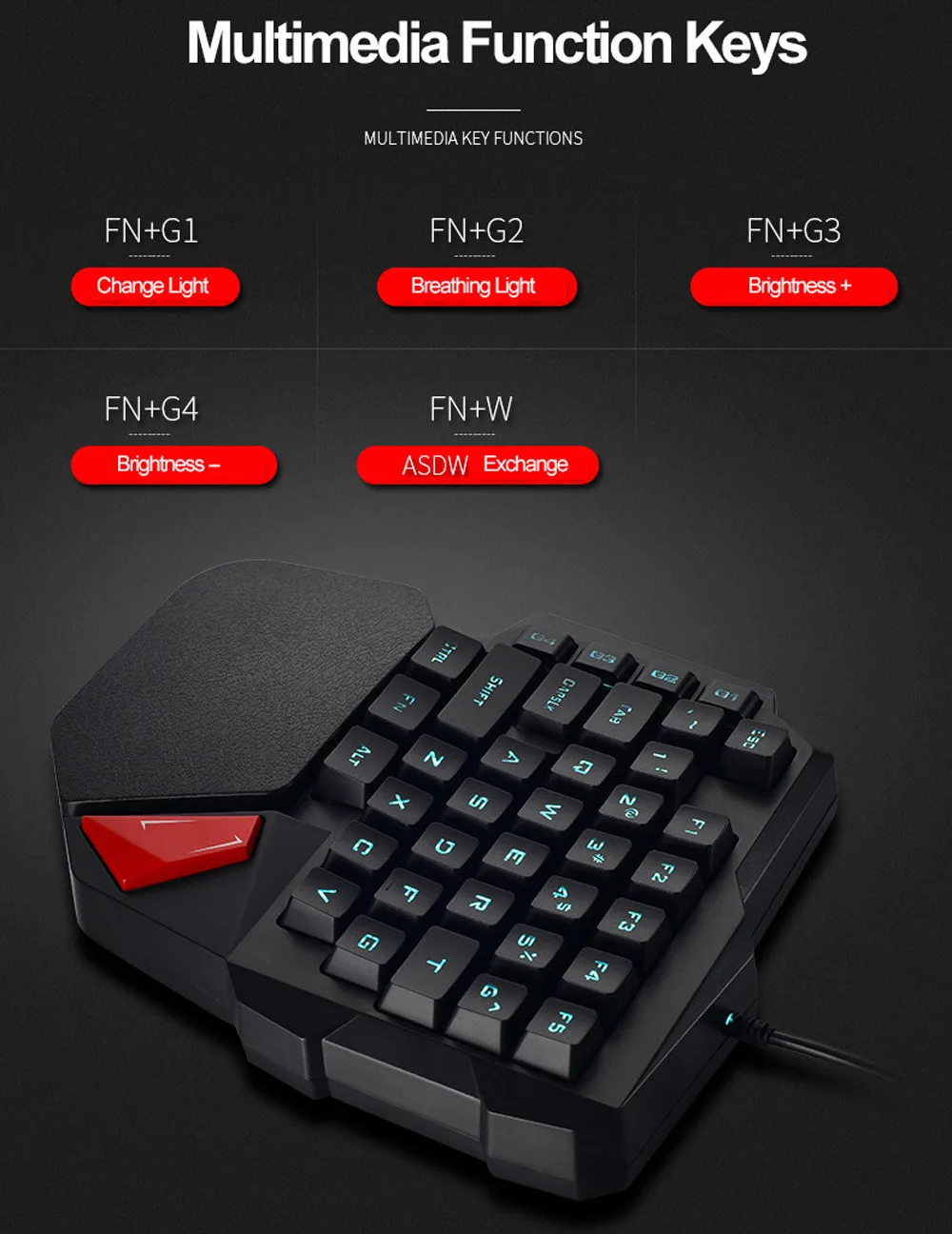

VOBERRY K108 Wired 38-key LED Backlight USB Ergonomic single-handed Keyboard Game Keyboard Weaving Connection Wire