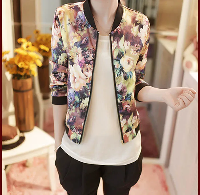 Bomber Jacket Women Floral Jackets harajuku Slim Fit