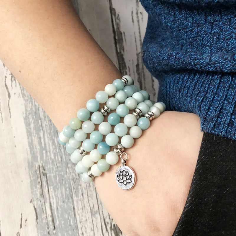 

Hottest AB+Amazonite Stone Wrapped Bracelet For Unisex 108 Prayer beads Wrist Lotus Mala Om Charm Bracelet
