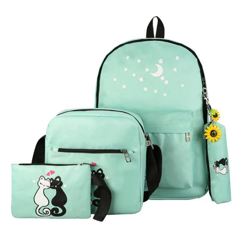 

4pcs/set Women Backpack Cute Cat Printing Canvas School Bags for Teenager Girls Rucksack + Shoulder Bag + Clutch + Pencil Bag