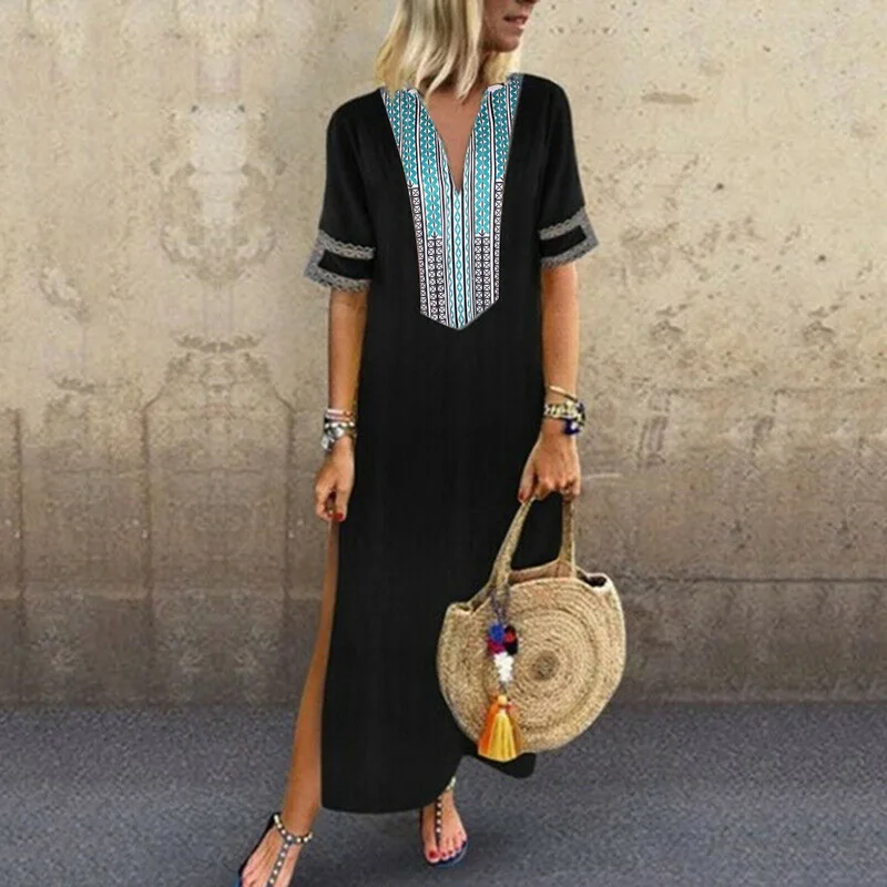 Laamei New Oversized Women's Long Dress Summer Boho Slim Flower Print Short Sleeve Dress Beach Slit Black Dresses 5XL