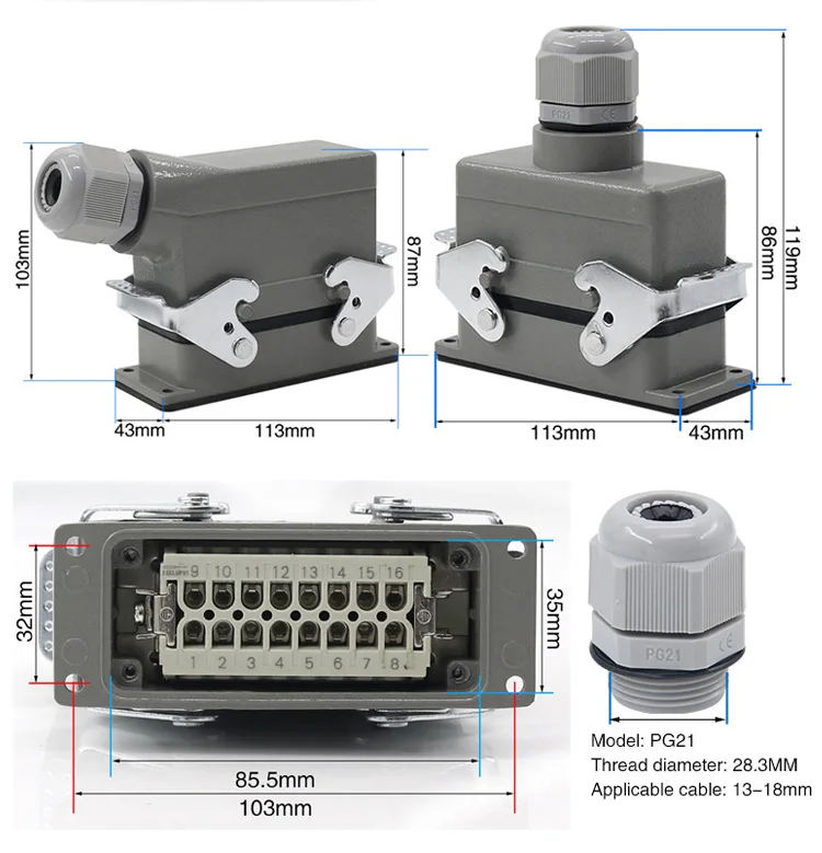 Superior e Lateral Heavy duty Conector Retangular Hdc he 4 e 6 e 10 e 16 e 20 e 24 e 32 e 48 Núcleo Plugue Aviação 16a Industrial à Prova d' Água 13 Conector resistente retangular hdc he 46101620243248 núcleo