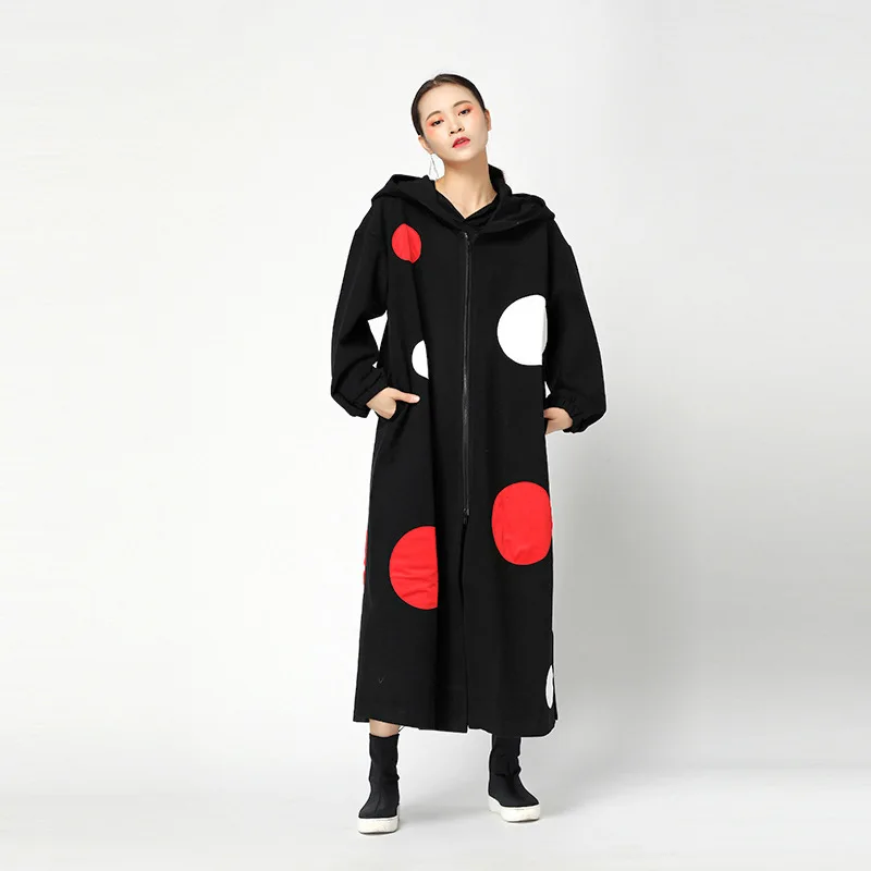 [EAM] Loose Fit Hooded Dot Printed Woolen Coat Parkas New Long Sleeve Big Size Women Fashion Tide Autumn Winter JY733 - Цвет: black