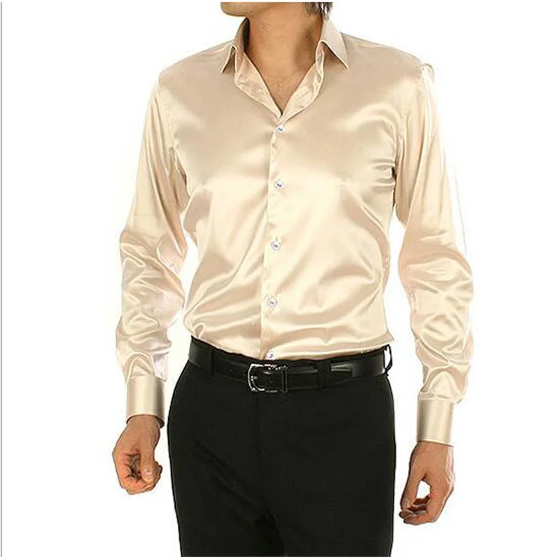 Мужская рубашка, модная Корейская шелковая рубашка, атласная Мужская рубашка с длинным рукавом, Camisa Hombre, парная рубашка, свадебное платье - Цвет: Цвет: желтый