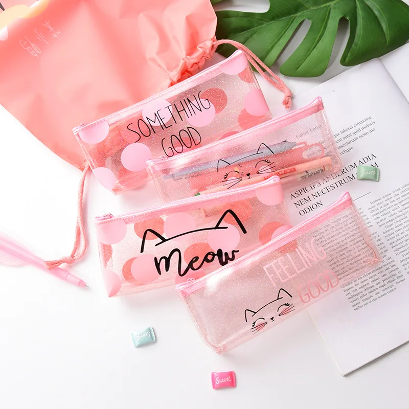 Cat Pencil Case Pink School Supplies Stationery Gift School Meow Letter
