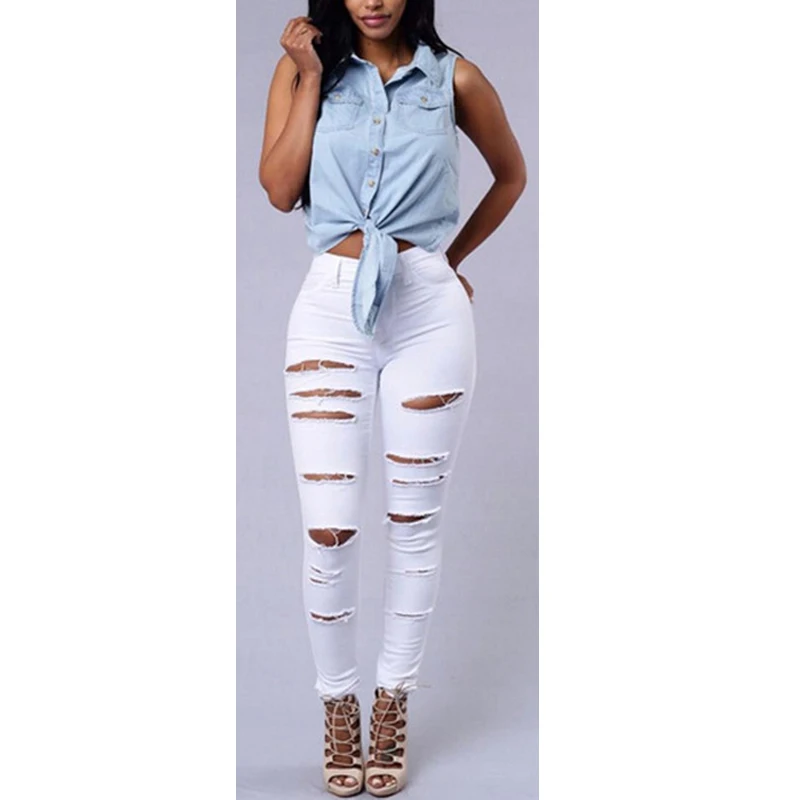 

2017 Fashion Ripped Jeans High Waist Skinny Jeans Stretchy Destroy Women Pants Trousers Sexy Hole Jeans Woman White Pencil Jean