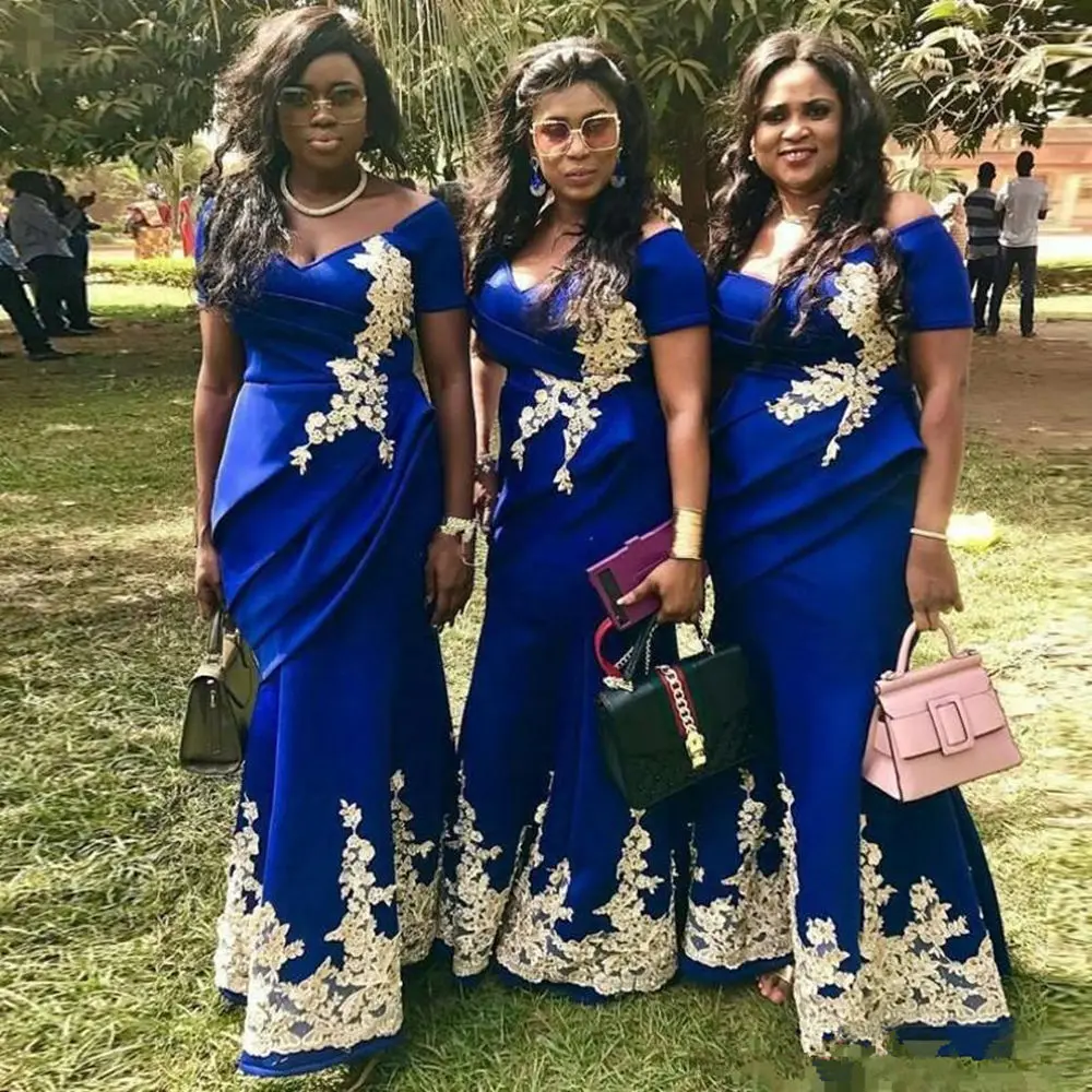 

Royal Blue Mermaid Bridesmaid Dresses Plus Size Gold Applique Wedding Guest Dress Off the shoulder Maid Of Honor Gowns 2019 Hot