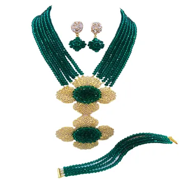 

Fashion Teal Green Army Multi Strands Statement Necklace Nigerian Wedding African Beads Jewelry Set Crystal 5-LDH02
