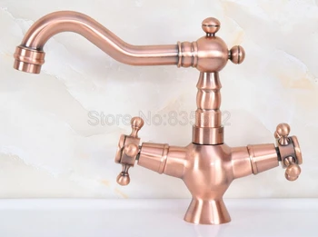 

Antique Red Copper Bathroom Basin Swivel Spout Faucet / Dual Handles Vessel Sink Mixer Taps Wnf616