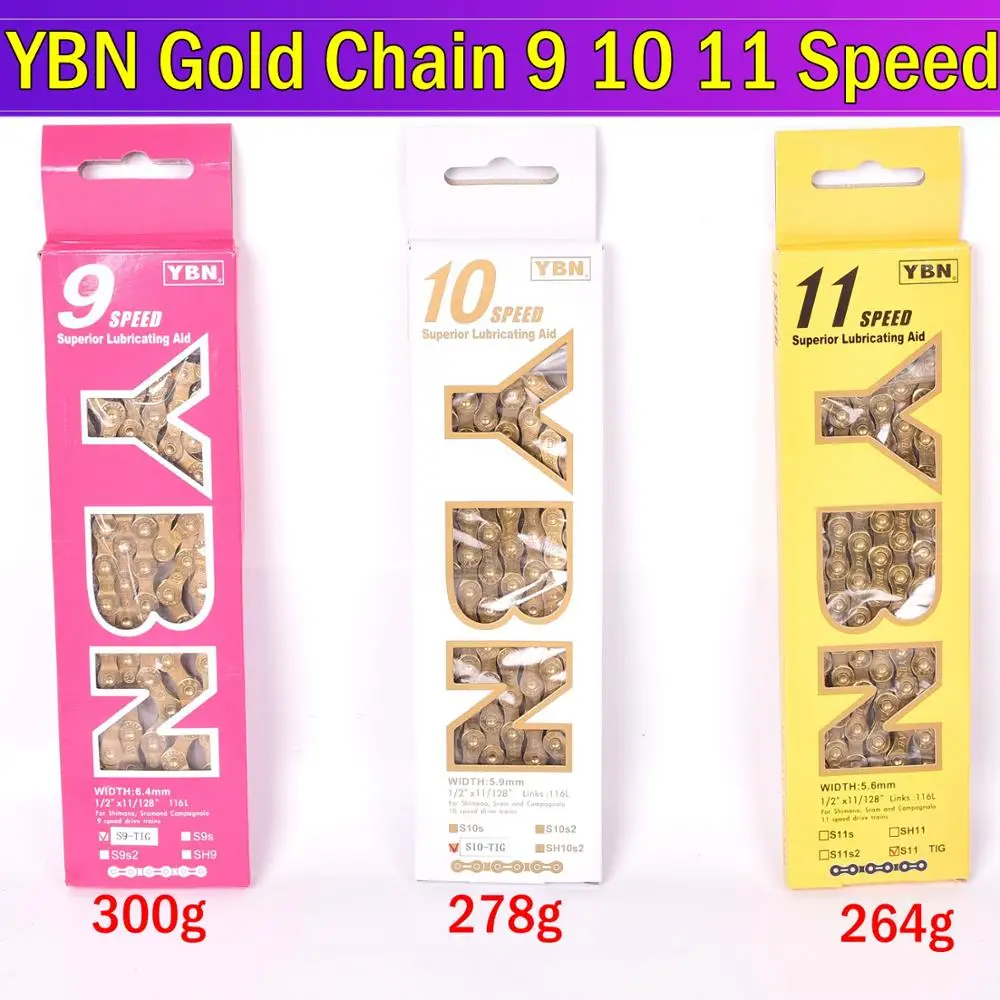 

NEW YBN Ultralight 9 10 11 Speeds Bicycle Chain SLR Gold MTB Road Bike Chain for M6000 M7000 M8000 264g missinglink