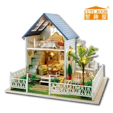 Дома украшения для творчества Кукольный дом деревянный кукольные домики миниатюрный DIY кукольная мебель комплект вилла светодио дный огни подарок A-030