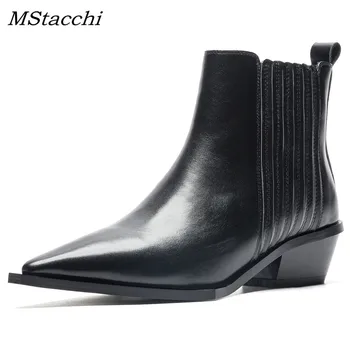 

Mstacchi Women Chelsea Boots Pointed Toe Ankle Boots Woman Slip-on Thick Heel Boots High Quality Genuine Leather Ladies Boots