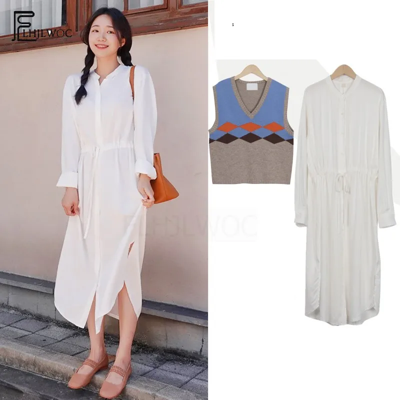 Casual Cute Long Dresses Women Fashion Korean Design Style Long Sleeve Girls Slim Waist Vintage V Neck White Button Shirt Dress