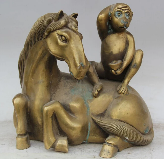 

JP S61 11" Chinese Brass Folk success Wealth Zodiac Year Horse Monkey Statue sculpture
