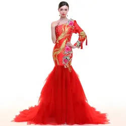 Красный Для женщин феникс Вышивка Платья для женщин традиционные вечернее платье Qipao узор Длинные платье Чонсам Сексуальная Китайский
