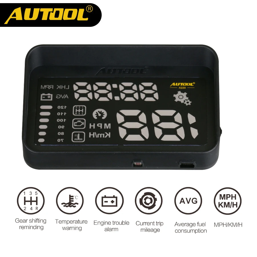 

AUTOOL X220 HUD Head UP Display Projector Gauge Speedometer Film OBD2 II Digital Car Speed Windshield Auto Diagnostic Camera OBD