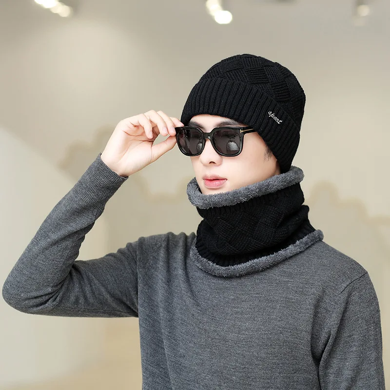 

Winter Men Hats Scarf Set Keep Warm Thick Knitted Caps Winter Accessories Male Beanie Scarf Autumn Thicken Hedging Cap scarf hat