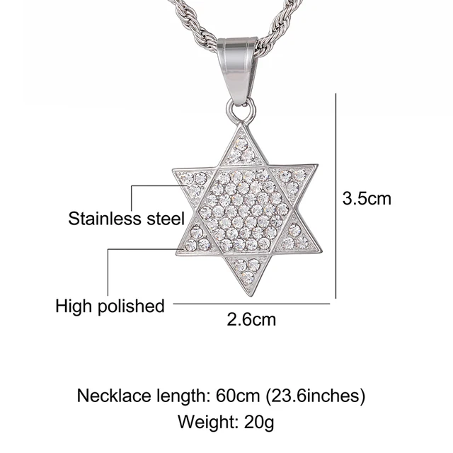 HIP Hop Iced out Bling Gold Color Stainless Steel Full Rhinestone Bright Star of David Necklaces Pendants For Men Jewelry