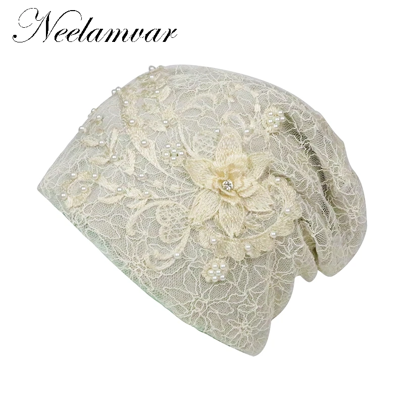 

Neelamvar Brand Women's Beanie Hat Casual Polyester Shine Pearls&Rhinestones Beanies Skull Hats Bonnet For Female Beanie