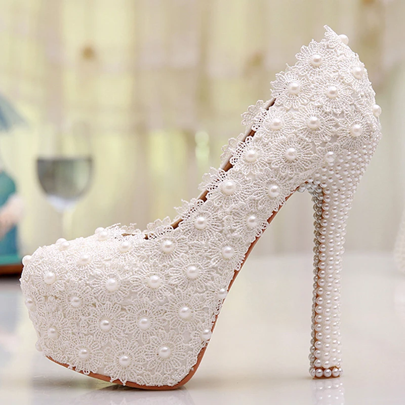 Индивидуальный заказ сладость белый цветок кружева платформы жемчужные свадебные туфли Свадебное платье обувь на высоком каблуке для подружки невесты ручной работы